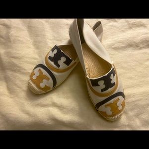 Tory Burch Espadrille Shoe, Blue-Tan-Cream comfortable shoes.